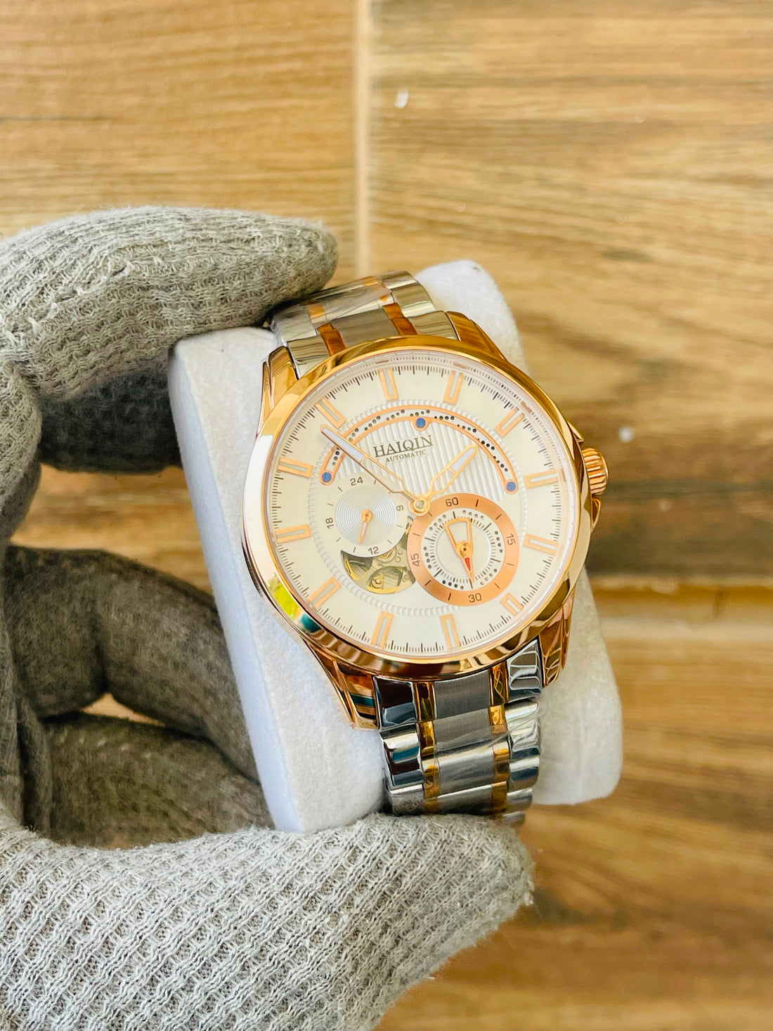 HAIQIN Men's Automatic open Heart Two Tone watch