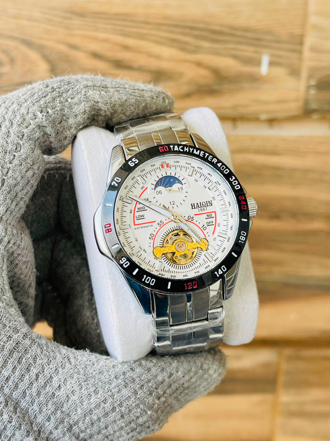 HAIQIN Men's Automatic Open Heart Moon Phase Watch